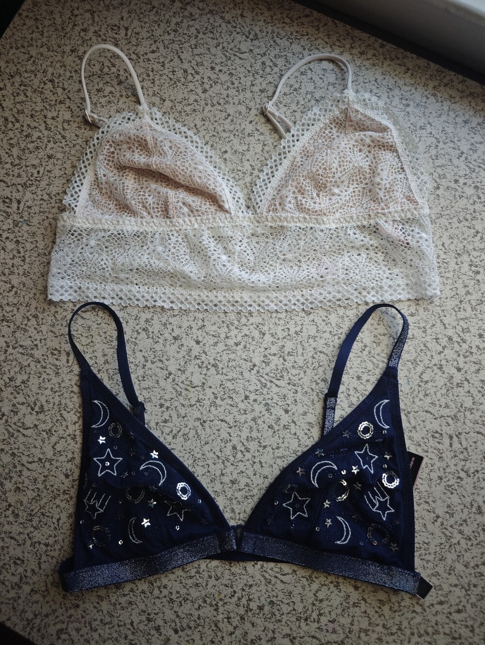 Victoria's Secret 2 Bralettes Small Blue / Silver Embroidery Cream Lace